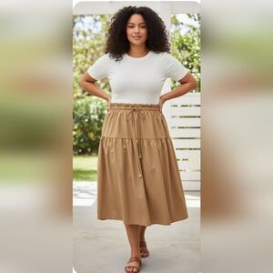 SHEIN Tan Tiered Midi Skirt with Drawstring Waist,Paperbad Skirt,Size 3X
